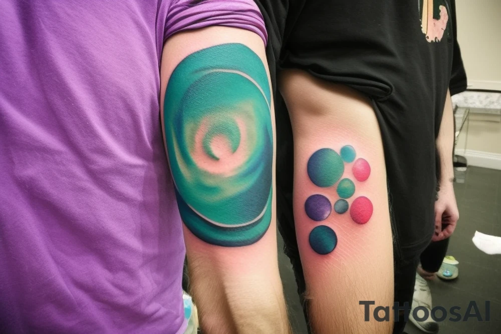 A Card sized tattoo on the left fore arm

The only colors used are variations of teal, amber and purple.

A man is running through a hallway with the visible universe around him. He is trying to piece the hallway, and the universe behind him, back together. He is forming the pathway he's running on as he runs tattoo idea