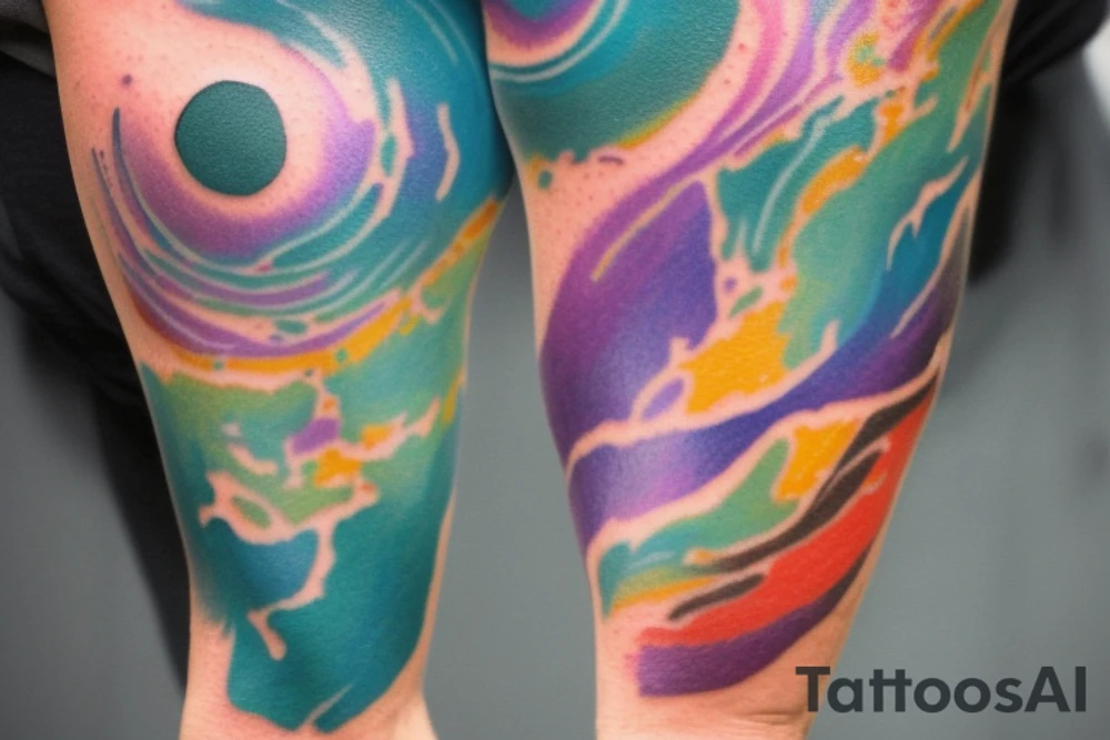 A Card sized tattoo on the left fore arm

The only colors used are variations of teal, amber and purple.

A man is running through a hallway with the visible universe around him. He is trying to piece the hallway, and the universe behind him, back together. He is forming the pathway he's running on as he runs tattoo idea
