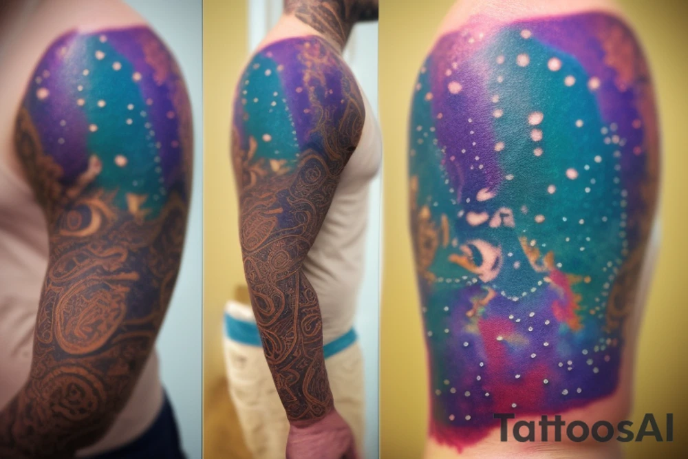A Card sized tattoo on the left fore arm

The only colors used are variations of teal, amber and purple.

A man is running through a hallway with the visible universe around him. He is trying to piece the hallway, and the universe behind him, back together. He is forming the pathway he's running on as he runs tattoo idea