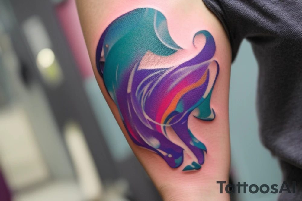 A Card sized tattoo on the left fore arm

The only colors used are variations of teal, amber and purple.

A man is running through a hallway with the visible universe around him. He is trying to piece the hallway, and the universe behind him, back together. He is forming the pathway he's running on as he runs tattoo idea