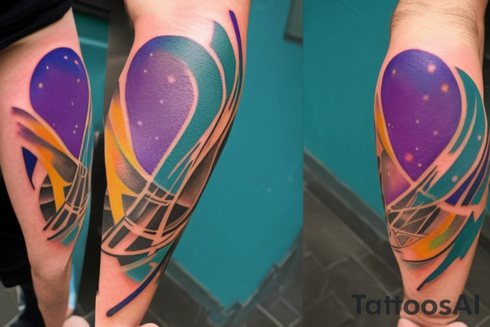 A Card sized tattoo on the left fore arm

The only colors used are variations of teal, amber and purple.

A man is running through a hallway with the visible universe around him. He is trying to piece the hallway, and the universe behind him, back together. He is forming the pathway he's running on as he runs tattoo idea