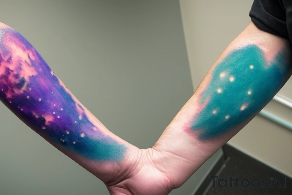 A Card sized tattoo on the left fore arm

The only colors used are variations of teal, amber and purple.

A man is running through a hallway with the visible universe around him. He is trying to piece the hallway, and the universe behind him, back together. He is forming the pathway he's running on as he runs tattoo idea