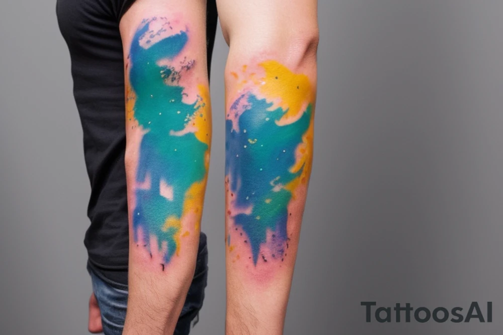 A Card sized tattoo on the left fore arm

The only colors used are variations of teal, amber and purple.

A man is running through a hallway with the visible universe around him. He is trying to piece the hallway, and the universe behind him, back together. He is forming the pathway he's running on as he runs tattoo idea