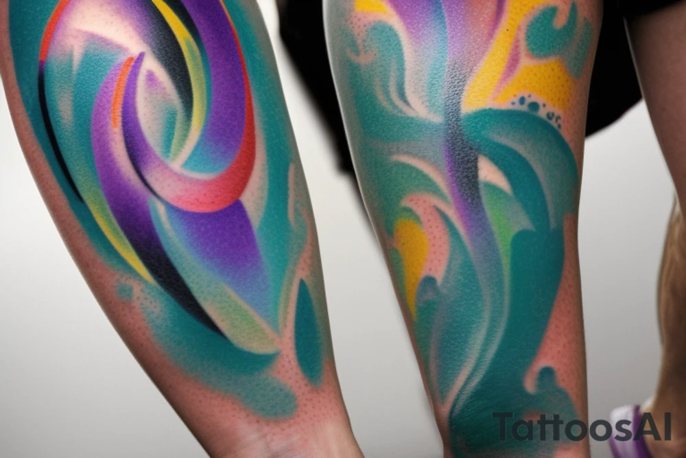 A Card sized tattoo on the left fore arm

The only colors used are variations of teal, amber and purple.

A man is running through a hallway with the visible universe around him. He is trying to piece the hallway, and the universe behind him, back together. He is forming the pathway he's running on as he runs tattoo idea