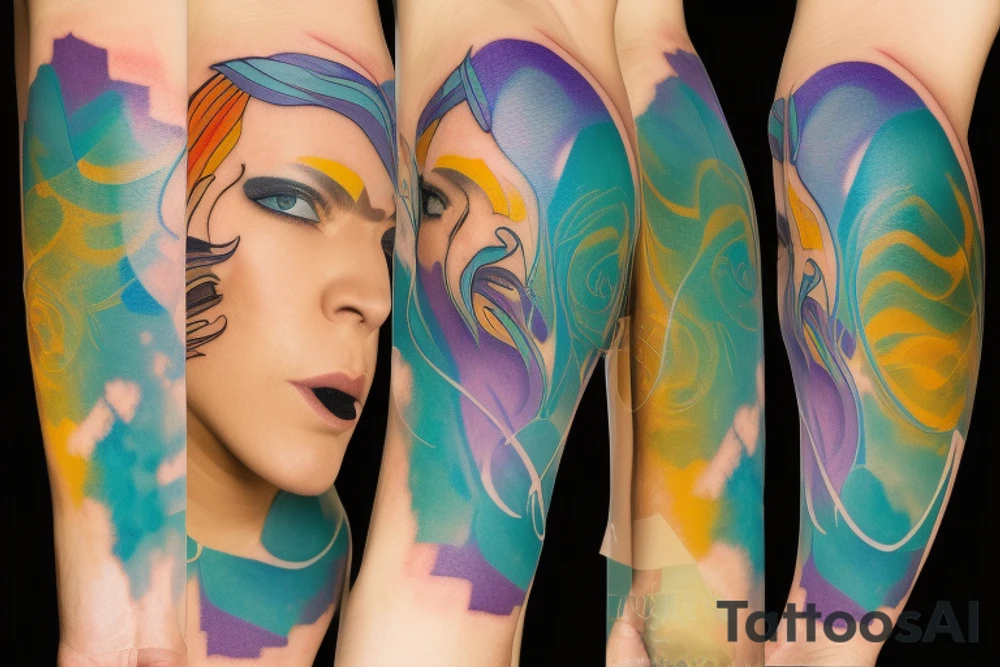 A Card sized tattoo on the left fore arm

The only colors used are variations of teal, amber and purple.
A Man is running down an ever stretching hallway with the visible universe being seen through the glass windows. As he runs the pathway and hallway is being put together step by step tattoo idea