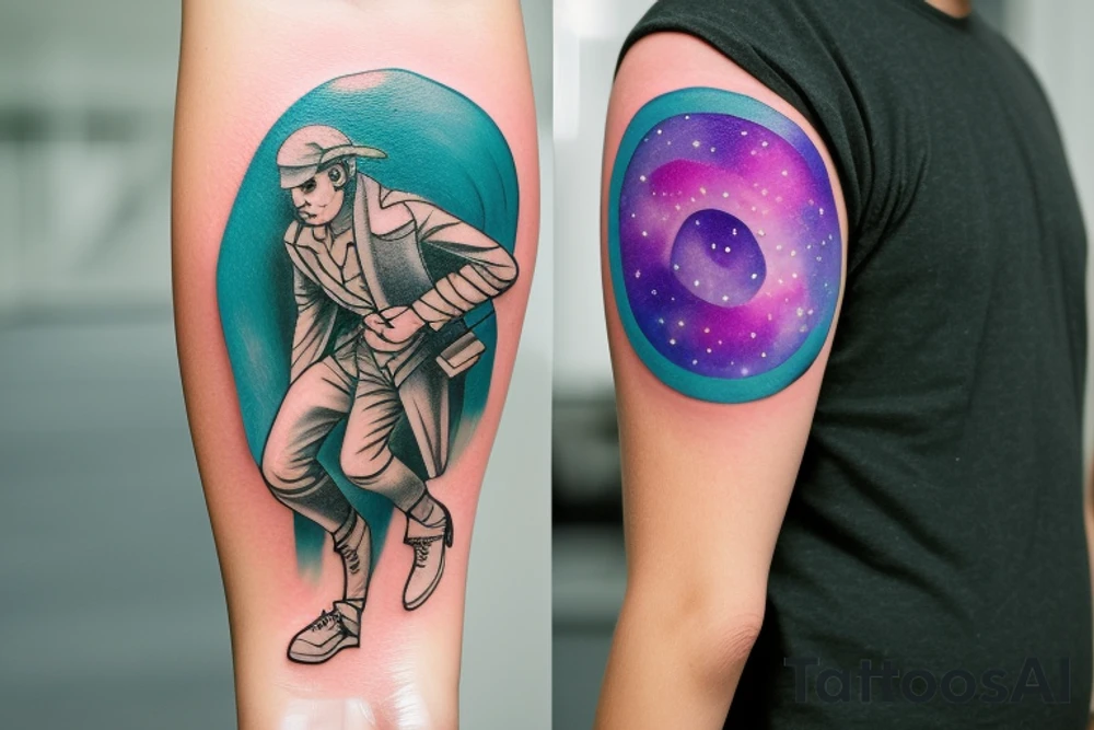 A Card sized tattoo on the left fore arm

The only colors used are variations of teal, amber and purple.
A Man is running down an ever stretching hallway with the visible universe being seen through the glass windows. As he runs the pathway and hallway is being put together step by step tattoo idea