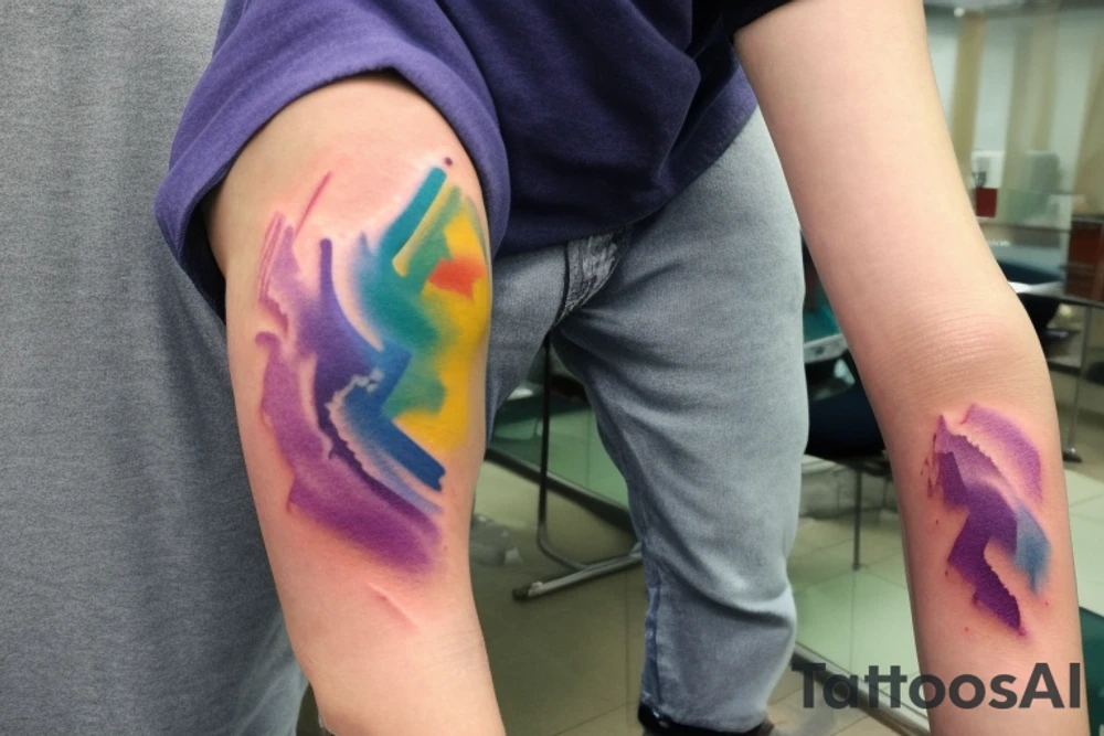 A Card sized tattoo on the left fore arm

The only colors used are variations of teal, amber and purple.
A Man is running down an ever stretching hallway with the visible universe being seen through the glass windows. As he runs the pathway and hallway is being put together step by step tattoo idea