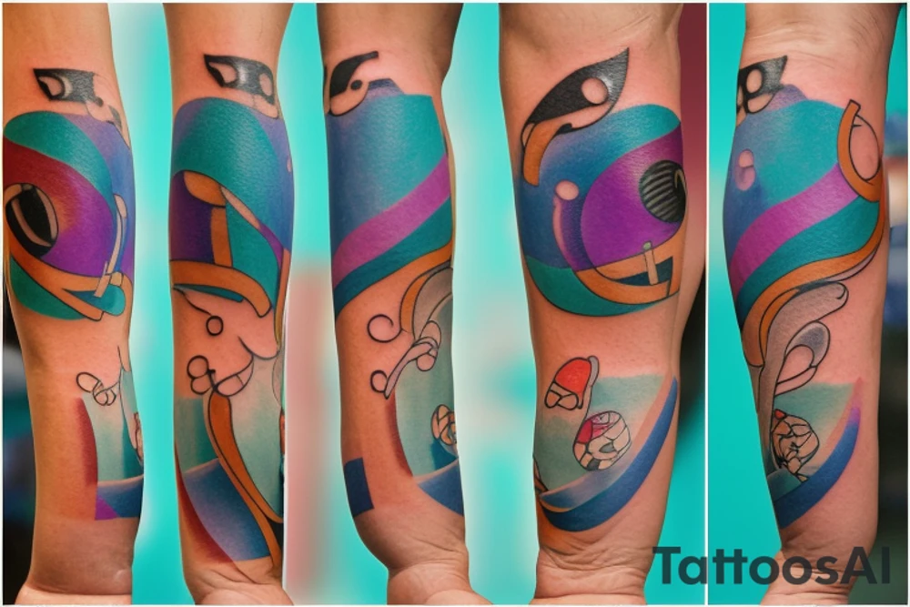 A Card sized tattoo on the left fore arm

The only colors used are variations of teal, amber and purple.
A Man is running down an ever stretching hallway with the visible universe being seen through the glass windows. As he runs the pathway and hallway is being put together step by step tattoo idea