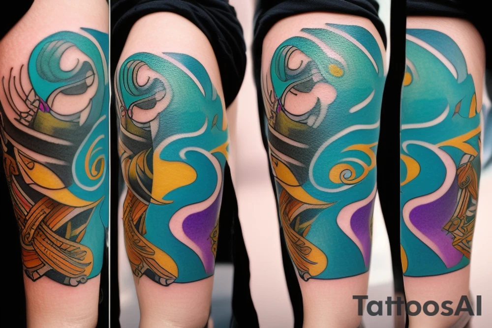 A Card sized tattoo on the left fore arm

The only colors used are variations of teal, amber and purple.
A Man is running down an ever stretching hallway with the visible universe being seen through the glass windows. As he runs the pathway and hallway is being put together step by step tattoo idea