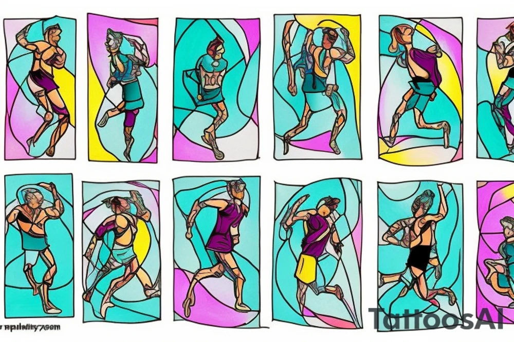 A Card sized tattoo on the left fore arm

The only colors used are variations of teal, amber and purple.
A Man is running down an ever stretching hallway with the visible universe being seen through the glass windows. As he runs the pathway and hallway is being put together step by step tattoo idea
