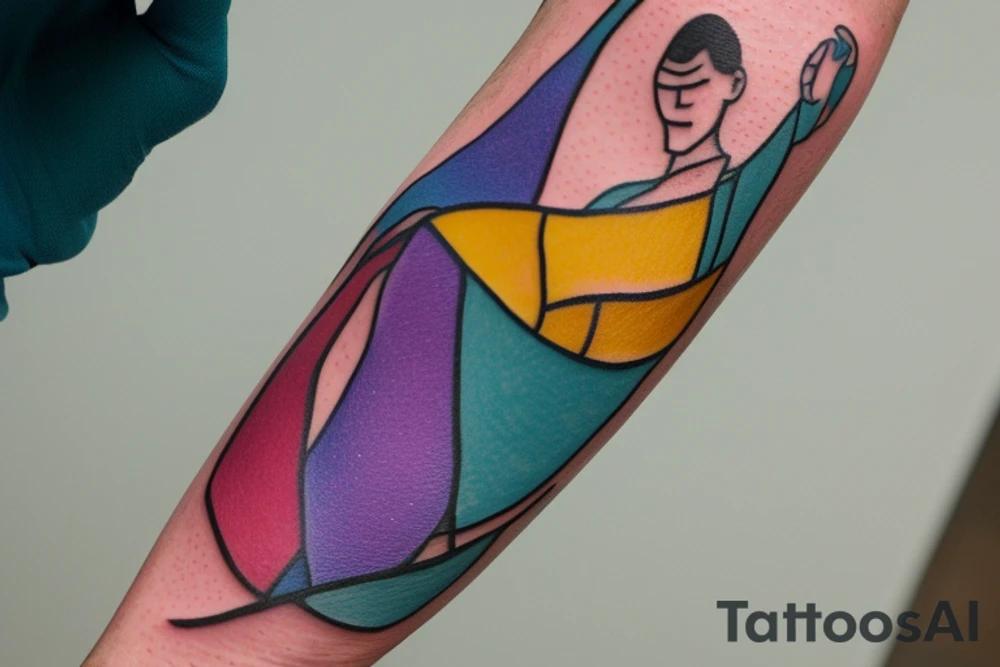 A Card sized tattoo on the left fore arm

The only colors used are variations of teal, amber and purple.
A Man is running down an ever stretching hallway with the visible universe being seen through the glass windows. As he runs the pathway and hallway is being put together step by step tattoo idea