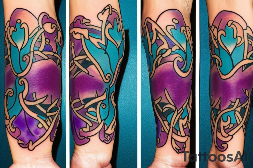 A Card sized tattoo on the left fore arm

The only colors used are variations of teal, amber and purple.
A Man is running down an ever stretching hallway with the visible universe being seen through the glass windows. As he runs the pathway and hallway is being put together step by step tattoo idea