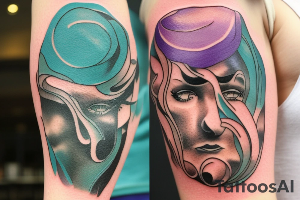 A Card sized tattoo on the left fore arm

The only colors used are variations of teal, amber and purple.
A Man is running down an ever stretching hallway with the visible universe being seen through the glass windows. As he runs the pathway and hallway is being put together step by step tattoo idea