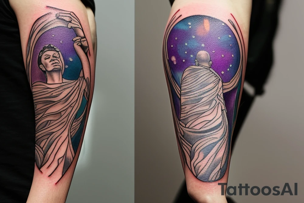 A Card sized tattoo on the left fore arm

The only colors used are variations of teal, amber and purple.
A Man is running down an ever stretching hallway with the visible universe being seen through the glass windows. As he runs the pathway and hallway is being put together step by step tattoo idea