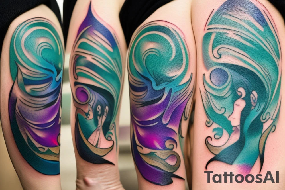 A Card sized tattoo on the left fore arm

The only colors used are variations of teal, amber and purple.
A Man is running down an ever stretching hallway with the visible universe being seen through the glass windows. As he runs the pathway and hallway is being put together step by step tattoo idea