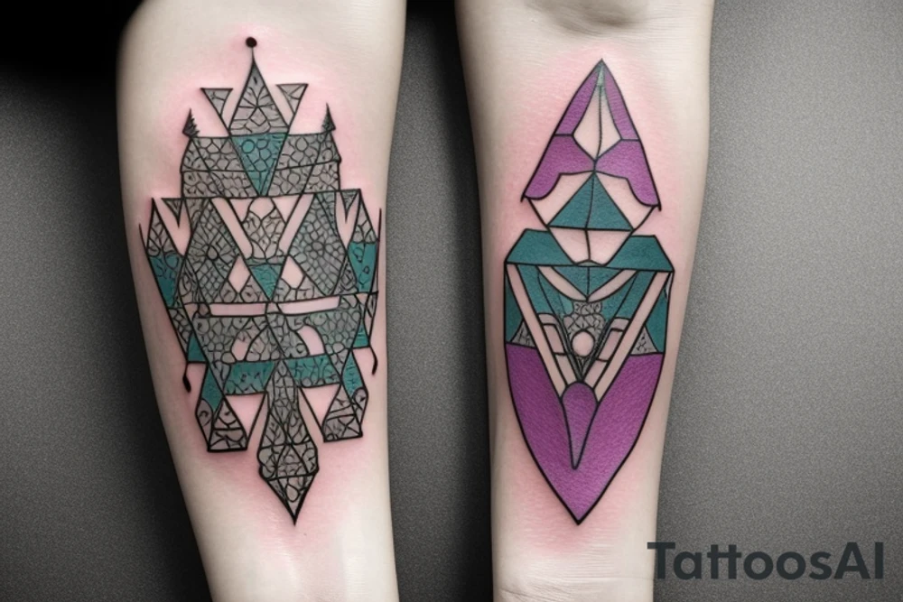 A Card sized tattoo on the left fore arm

The only colors used are variations of teal, amber and purple.
A Man is running down an ever stretching hallway with the visible universe being seen through the glass windows. As he runs the pathway and hallway is being put together step by step tattoo idea