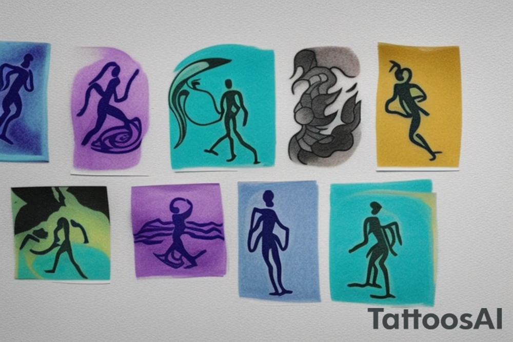 A Card sized tattoo on the left fore arm

The only colors used are variations of teal, amber and purple.
A Man is running down an ever stretching hallway with the visible universe being seen through the glass windows. As he runs the pathway and hallway is being put together step by step tattoo idea