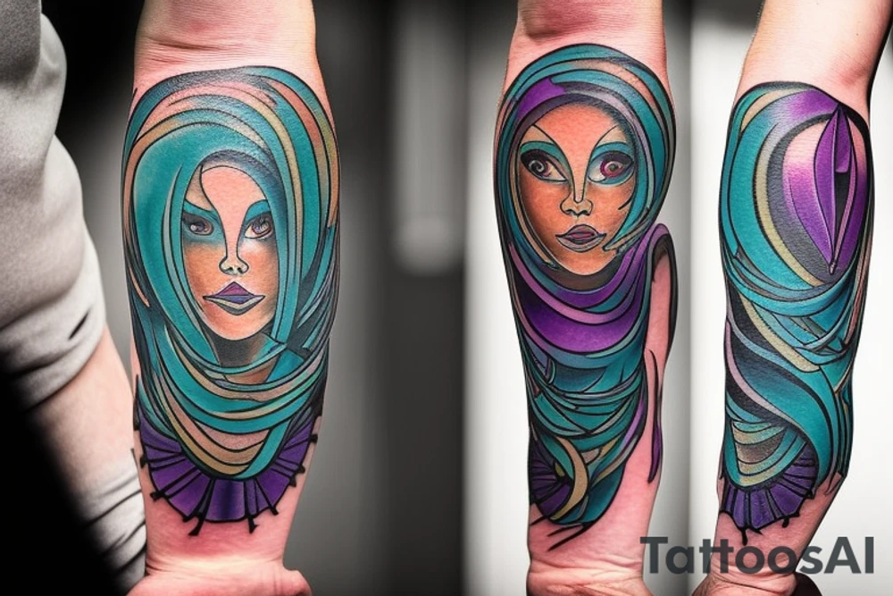 A Card sized tattoo on the left fore arm

The only colors used are variations of teal, amber and purple.
A Man is running down an ever stretching hallway with the visible universe being seen through the glass windows. As he runs the pathway and hallway is being put together step by step tattoo idea