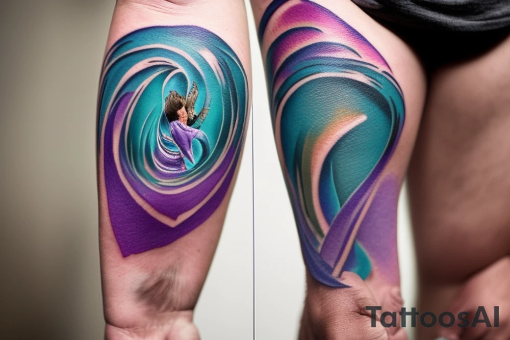 A Card sized tattoo on the left fore arm

The only colors used are variations of teal, amber and purple.
A Man is running down an ever stretching hallway with the visible universe being seen through the glass windows. As he runs the pathway and hallway is being put together step by step tattoo idea