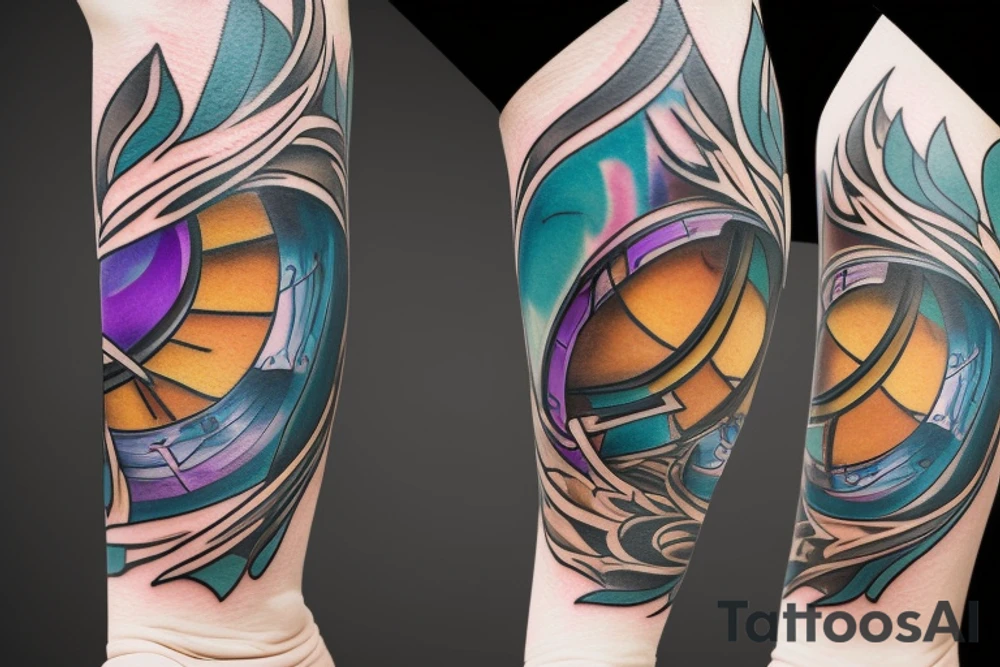 A Card sized tattoo on the left fore arm

The only colors used are variations of teal, amber and purple.
A Man is running down an ever stretching hallway with the visible universe being seen through the glass windows. As he runs the pathway and hallway is being put together step by step tattoo idea