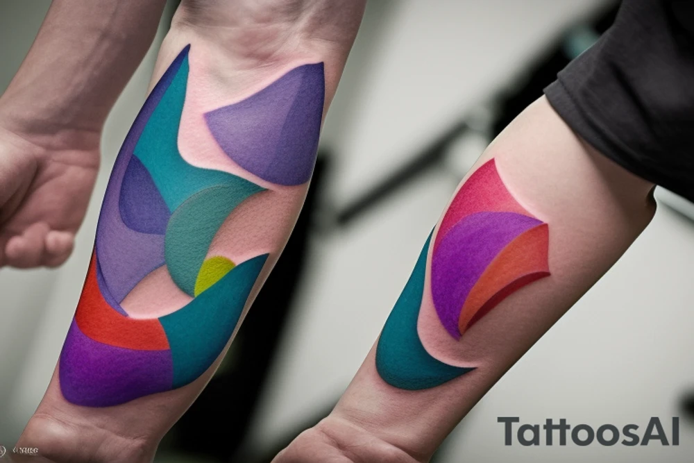A Card sized tattoo on the left fore arm

The only colors used are variations of teal, amber and purple.
A Man is running down an ever stretching hallway with the visible universe being seen through the glass windows. As he runs the pathway and hallway is being put together step by step tattoo idea