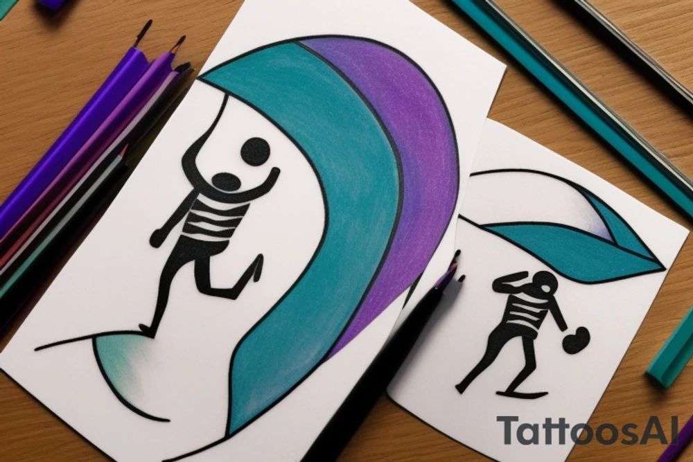 A Card sized tattoo on the left fore arm

The only colors used are variations of teal, amber and purple.
A Man is running down an ever stretching hallway with the visible universe being seen through the glass windows. As he runs the pathway and hallway is being put together step by step tattoo idea