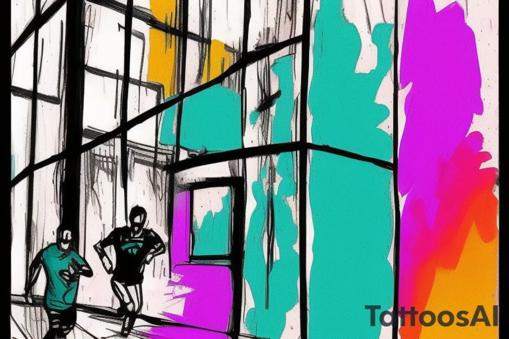 A Card sized tattoo on the left fore arm

The only colors used are variations of teal, amber and purple.
A Man is running down an ever stretching hallway with the visible universe being seen through the glass windows. As he runs the pathway and hallway is being put together step by step tattoo idea