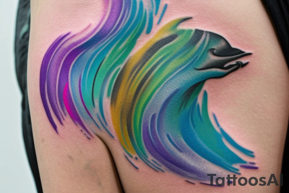 A Card sized tattoo on the left fore arm

The only colors used are variations of teal, amber and purple.
A Man is running down an ever stretching hallway with the visible universe being seen through the glass windows. As he runs the pathway and hallway is being put together step by step tattoo idea