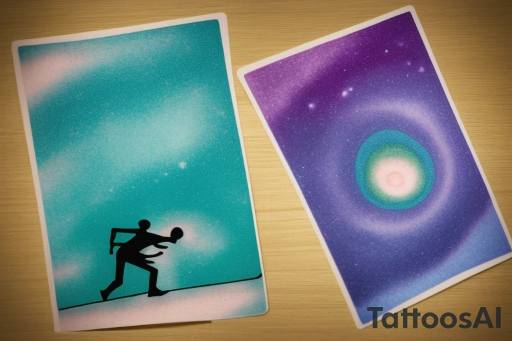 Card sized

The only colors used are teal, amber and purple.
A Man is running down an ever stretching hallway with the visible universe being seen through the glass windows. As he runs the pathway and hallway is being put together step by step tattoo idea