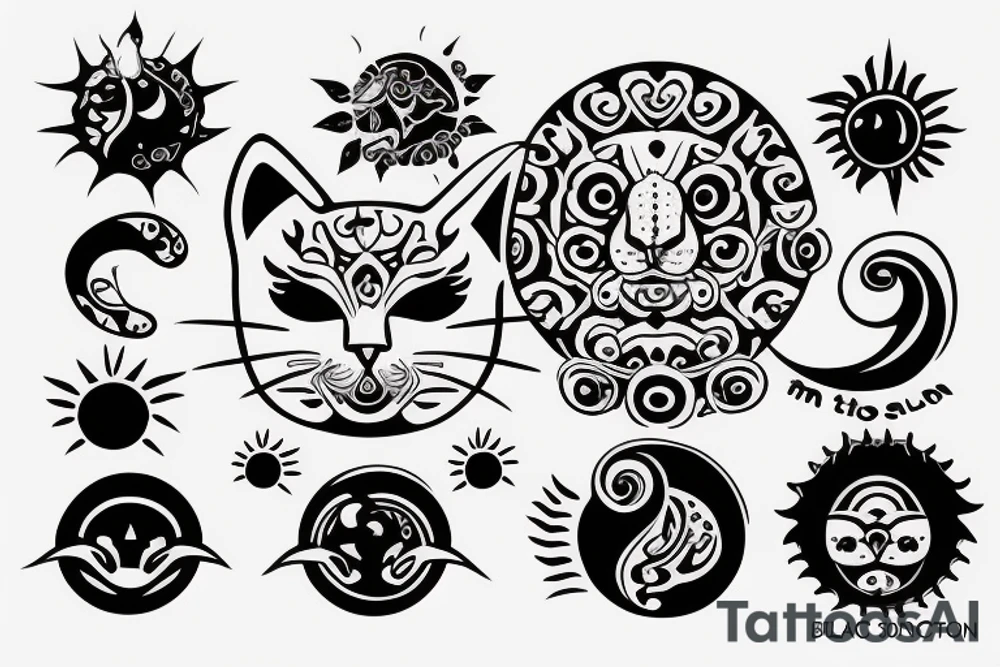 cat hugging the black sun tattoo idea