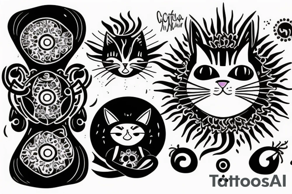 cat hugging the black sun tattoo idea