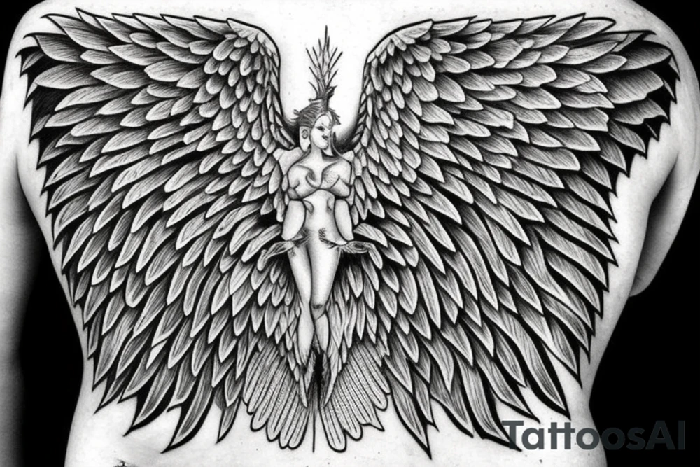 full back, wings on hands, Old Testament angel, 6 wings tattoo idea