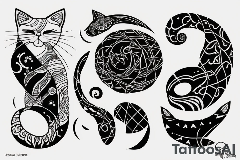 cat hugging the black sun tattoo idea