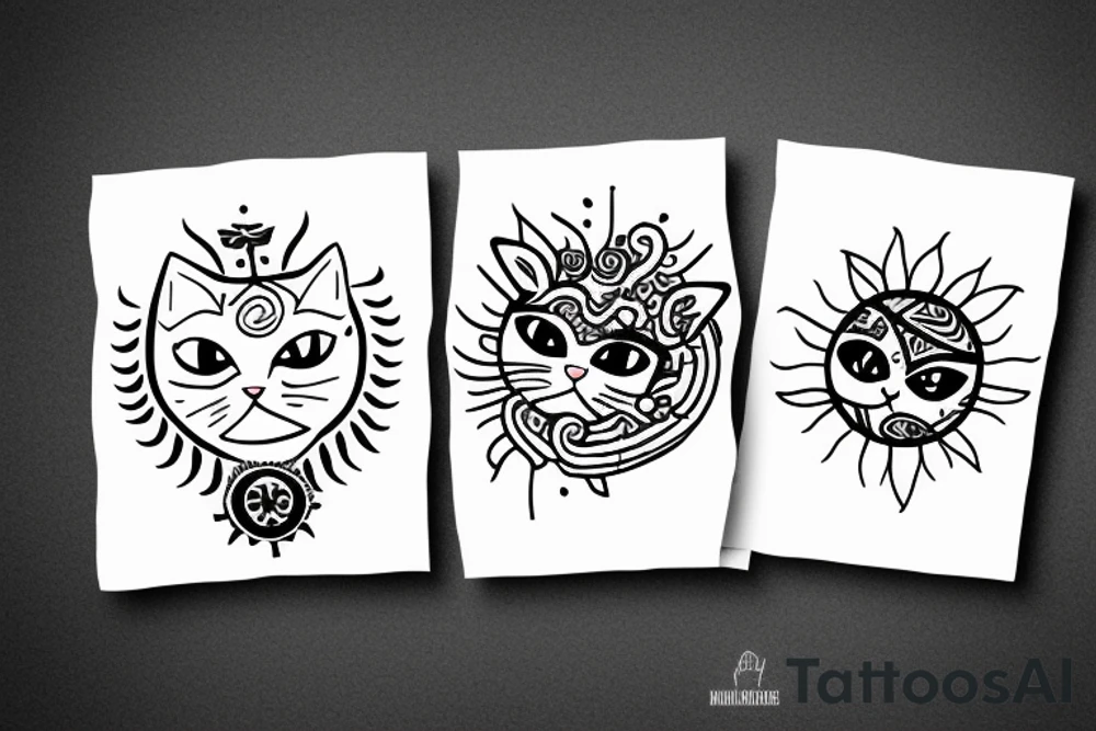 cat hugging the black sun tattoo idea