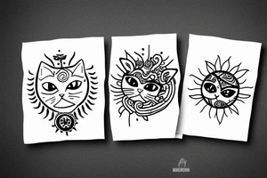 cat hugging the black sun tattoo idea