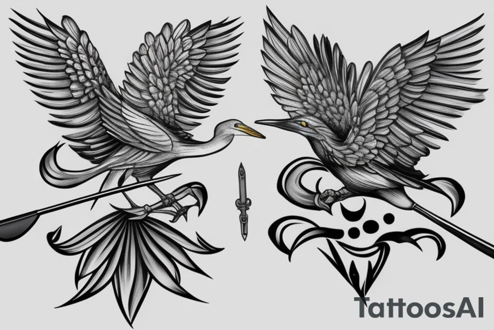 Silver heron with a sword in its paw tattoo idea