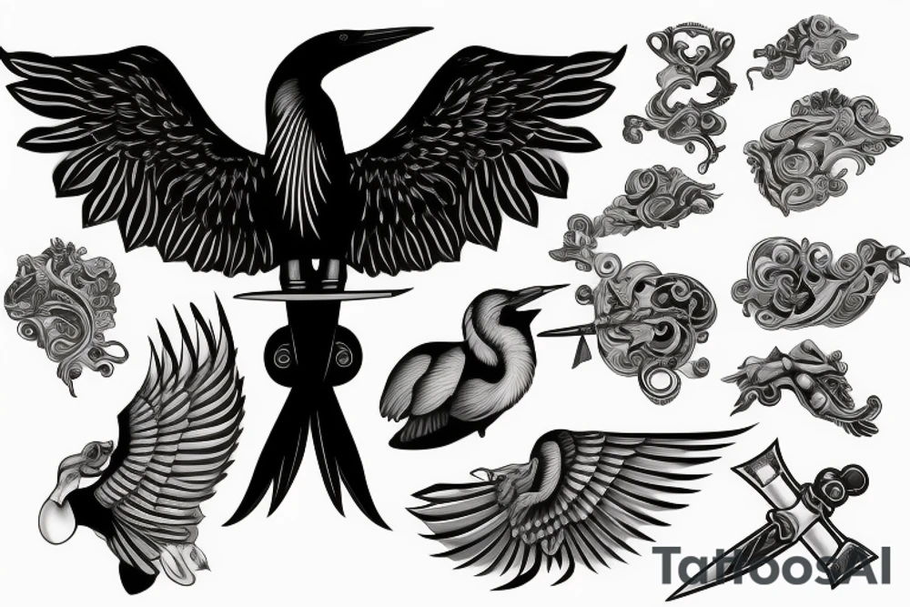 Silver heron with a sword in its paw tattoo idea