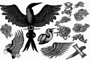 Silver heron with a sword in its paw tattoo idea