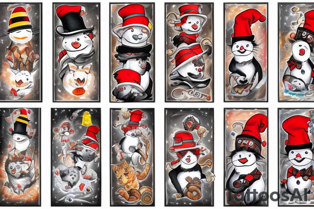 Fire snow cat in hat tattoo idea