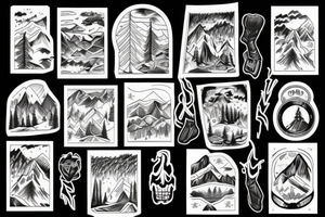 a guy with a backback standing in front of a forest and mountains tattoo idea