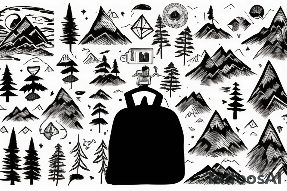 a guy with a backpack standing in front of a forest and mountains tattoo idea