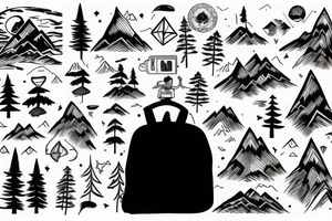 a guy with a backpack standing in front of a forest and mountains tattoo idea