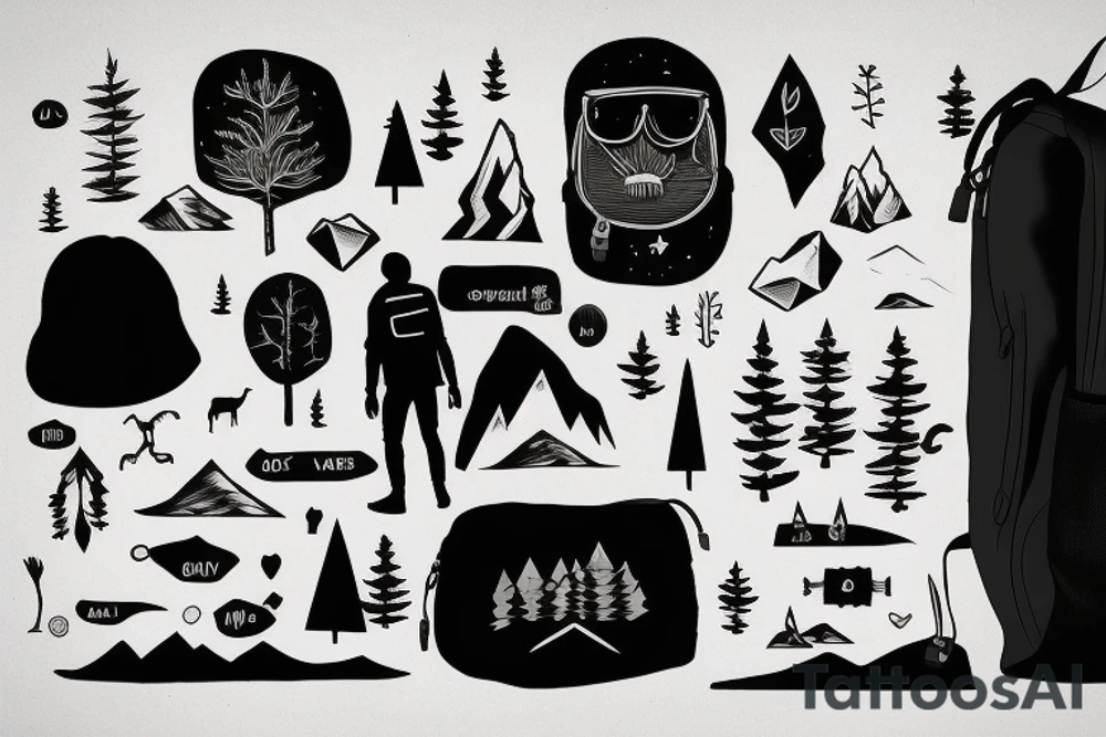a guy with a backpack standing in front of a forest and mountains tattoo idea