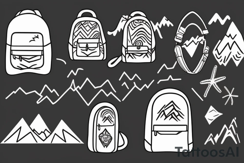 a backpack with mountains and beaches coming out of it tattoo idea