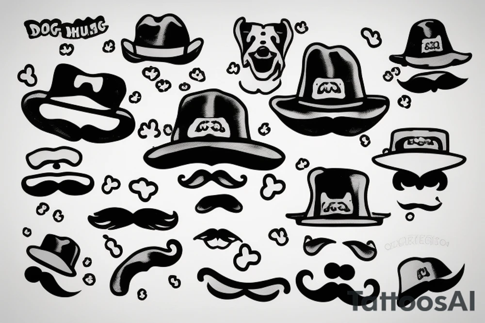 dog wearing a hat with a mustache tattoo idea