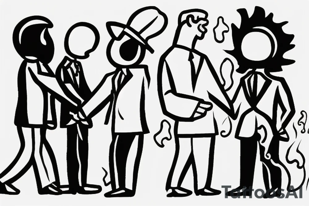 outline of 2 men wearing a suit shaking hands while one of them is on fire. tattoo idea