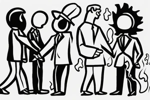 outline of 2 men wearing a suit shaking hands while one of them is on fire. tattoo idea