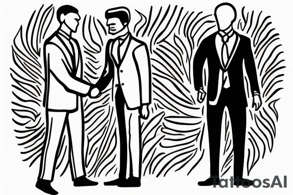 outline of 2 men wearing a suit shaking hands while one of them is on fire. tattoo idea