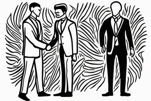outline of 2 men wearing a suit shaking hands while one of them is on fire. tattoo idea