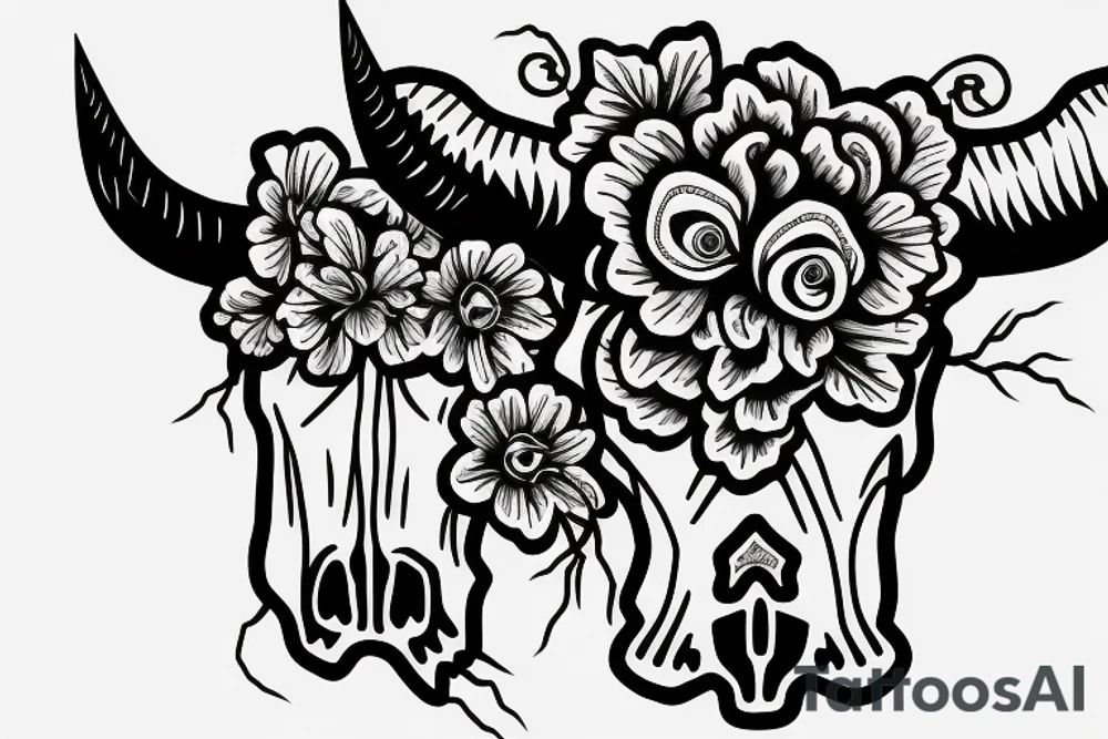 bull skull with flowers and barbed wire tattoo idea